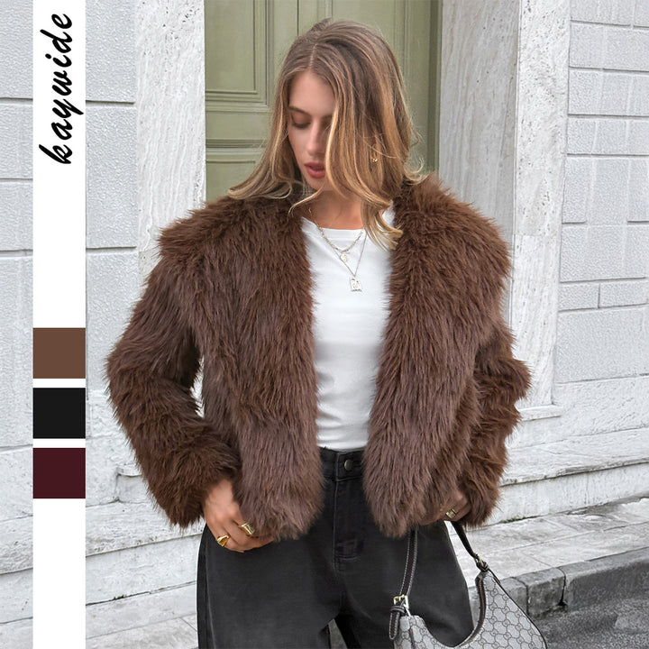 Damen nan kurzer Faux‑Fur‑Mantel mit breitem Stehkragen, dichter Flor und wärmender Innenfütterung Drune