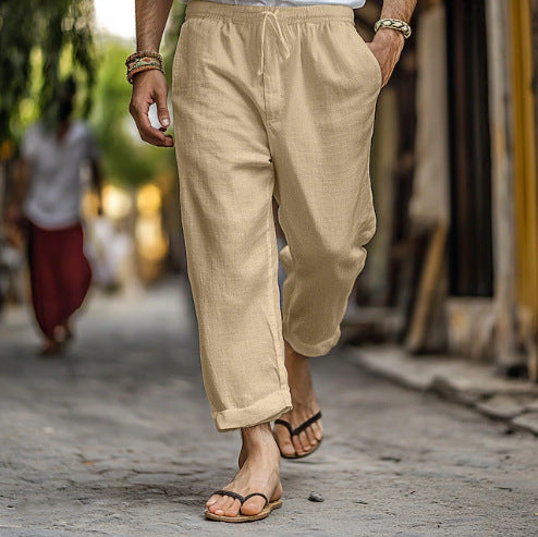 Herren lässige Leinen-Joggerhose mit elastischem Tunnelzugbund, seitlichen Eingrifftaschen und aufrollbarem Saum Drune