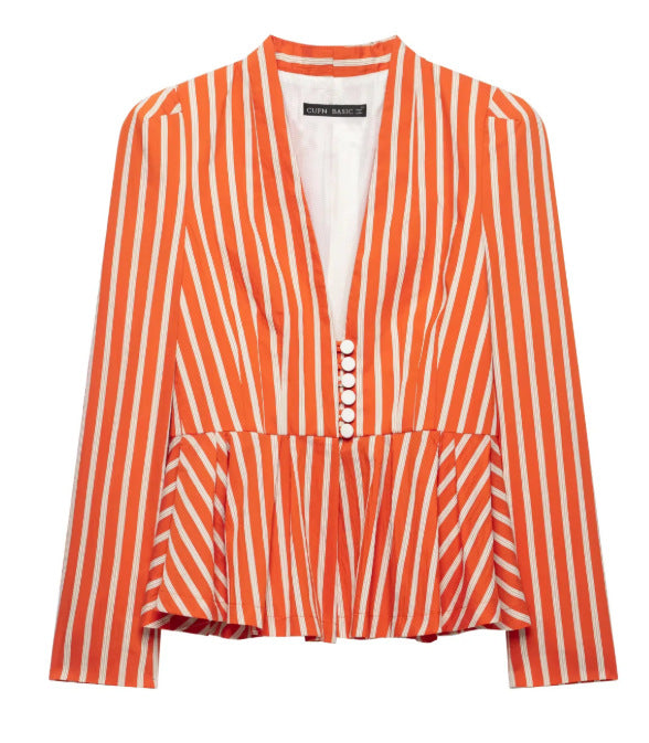 Damen Gestreifte Peplum‑Bluse mit tiefem V‑Ausschnitt und Zierknopfleiste Drune