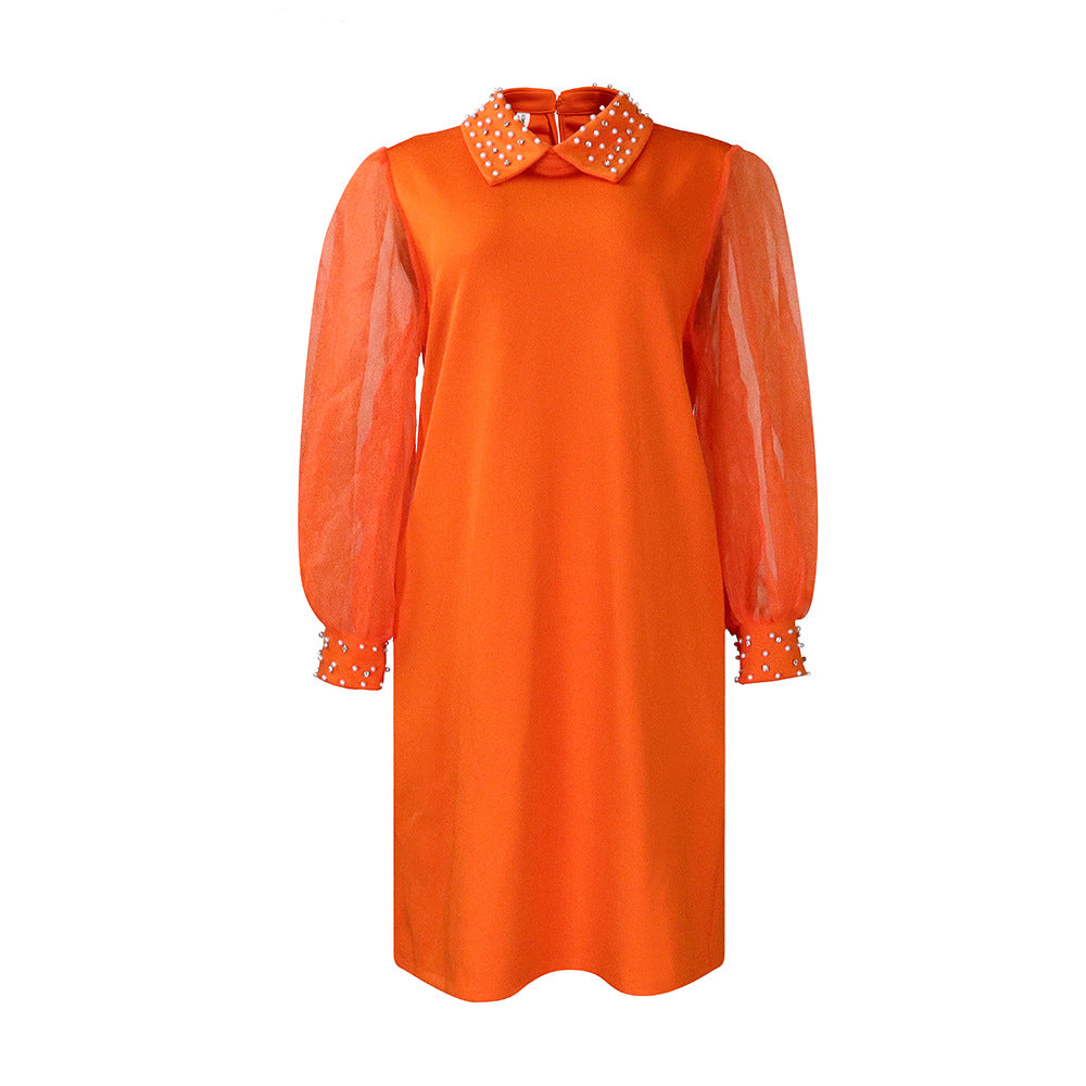 Damen Kleid mit eleganten Tüllärmeln und verzierten Kragen Drune