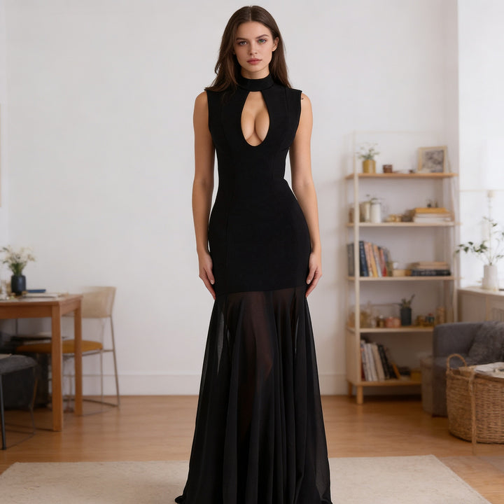 Damen Elegantes Abendkleid mit tiefem V-Ausschnitt und schwingendem Rock Drune