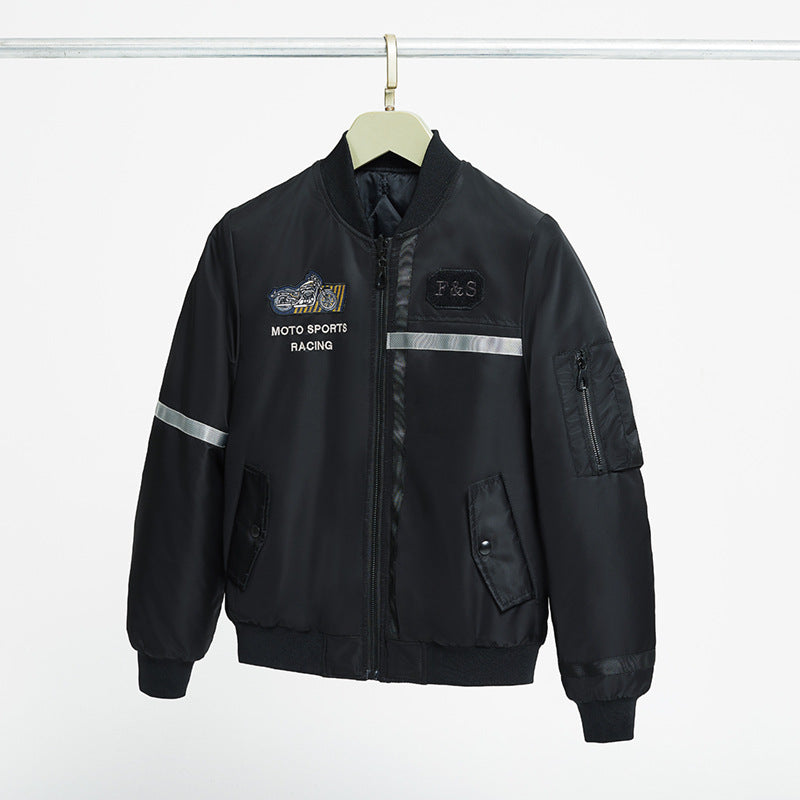 Men's  motorcycle-inspired reflective pilot bomber jacket with embroidered racing badge Drune