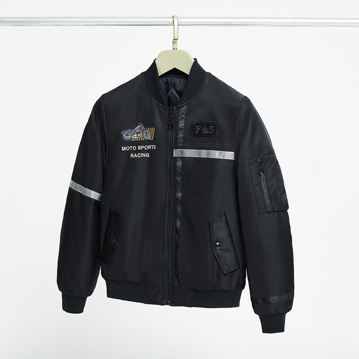 Men's  motorcycle-inspired reflective pilot bomber jacket with embroidered racing badge Drune