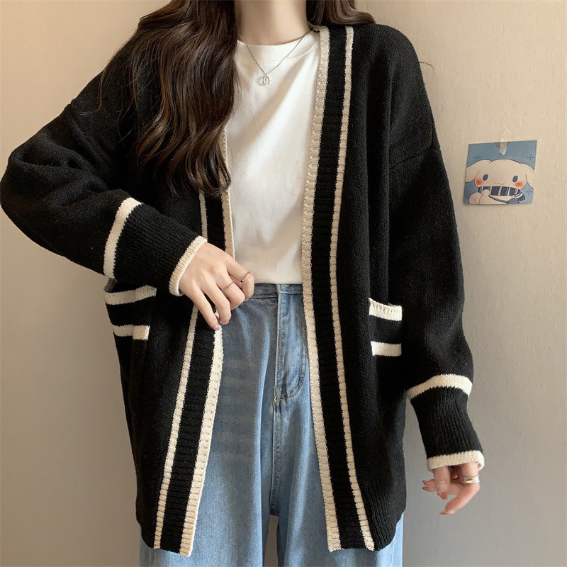 Damen lässiger Strickjacke mit großen Taschen und Kontrastdetails Drune