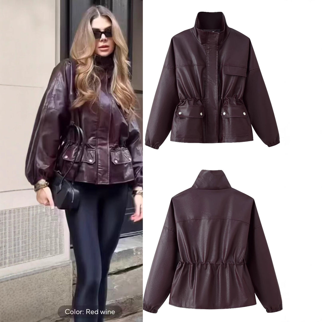 Damen Kunstleder-Parka mit Stehkragen, Taillenzug und aufgesetzten Klappentaschen Drune