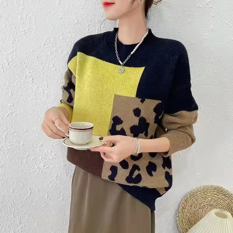 Damen Grobstrickpullover mit modernem Leo-Design und farblichen Blockelementen Drune