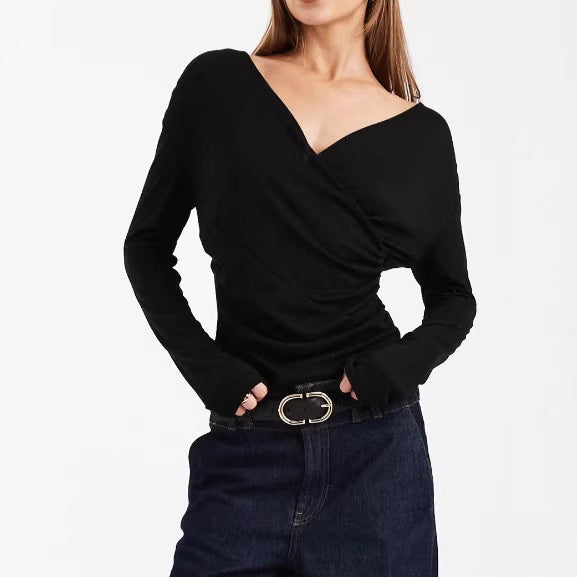 Damen Figurbetontes Wickelshirt mit V-Ausschnitt und Raffung Drune