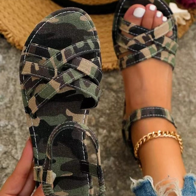 Damen Geflochtene Riemchensandalen mit verstellbarem Knöchelriemen und flacher Komfortsohle Drune
