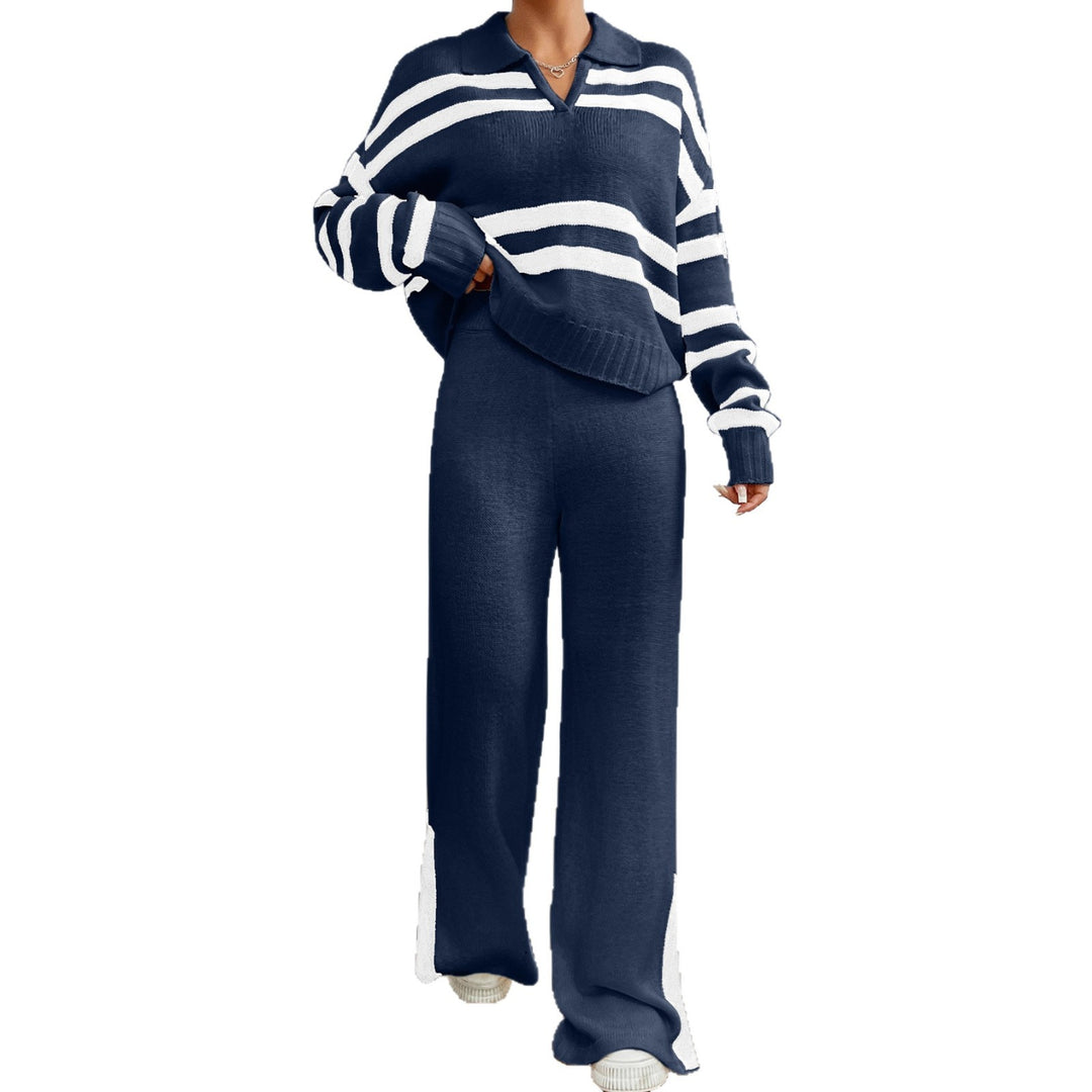 Damen Lässiges Strick-Outfit mit Polo-Kragen und gestreiftem Design Drune