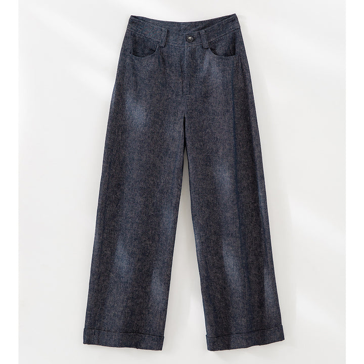 Damen Weite High-Waist-Jeanshose mit Bügelfalte und Umschlagsaum Drune