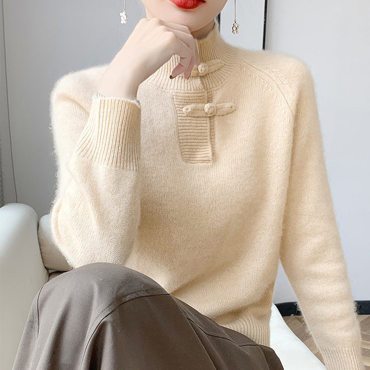 Damen Kaschmir‑Optik Mockneckpullover mit dekorativer KnDruneelknopfblende Drune