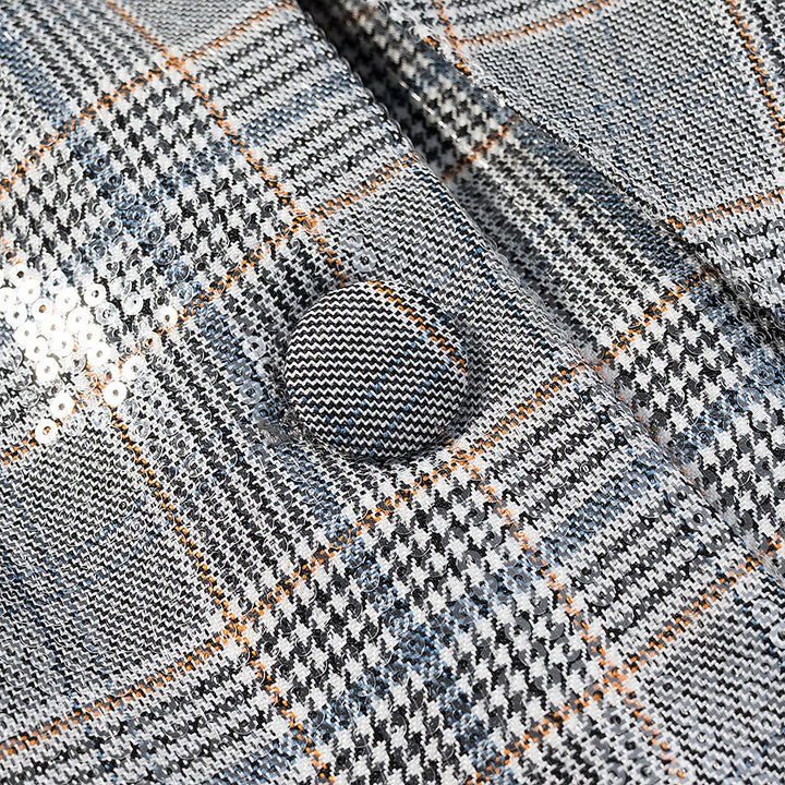 Damen Oversize Glencheck-Blazer mit einreihiger Knopfleiste, Pattentaschen und dezentem Paillettenbesatz Drune