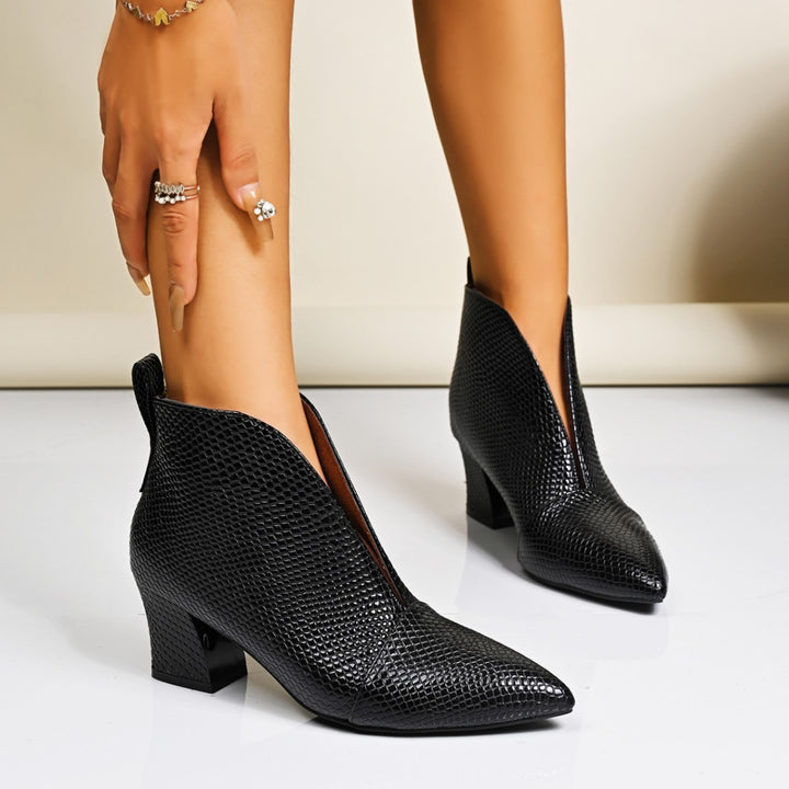 Damen nan spitze Ankle Boots mit Schlangenprägung, V-Ausschnitt und stabilem Blockabsatz Drune