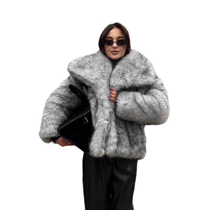 Damen elegante Kunstfelljacke mit voluminösem Kragen und verschließbaren Taschen Drune