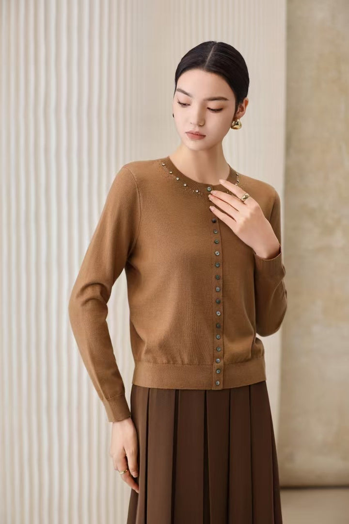 Damen Feiner Feinstrick-Cardigan mit Perlendekor am Rundhalsausschnitt Drune