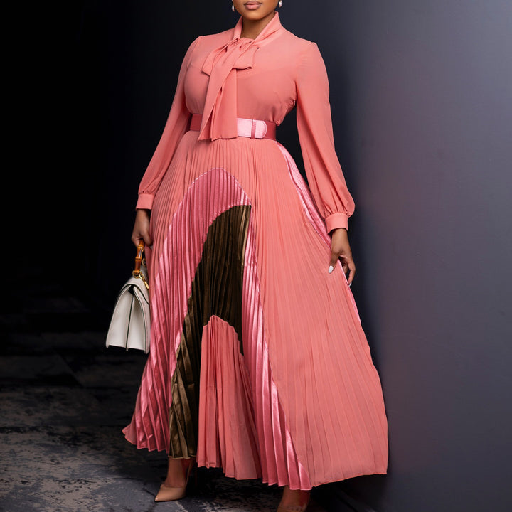 Damen Maxikleid mit elegantem Schlitz und verspieltem Krawattenkragen Drune