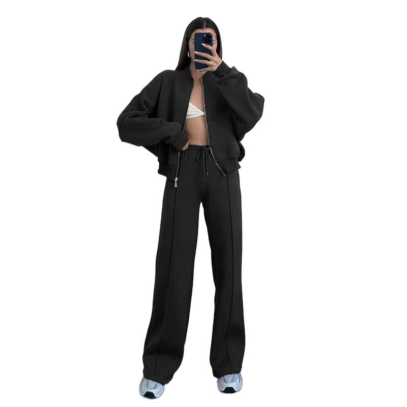 Damen nan kurz geschnittenes Blouson mit Reißverschluss und weiter High-Waist Jogginghose Set Drune