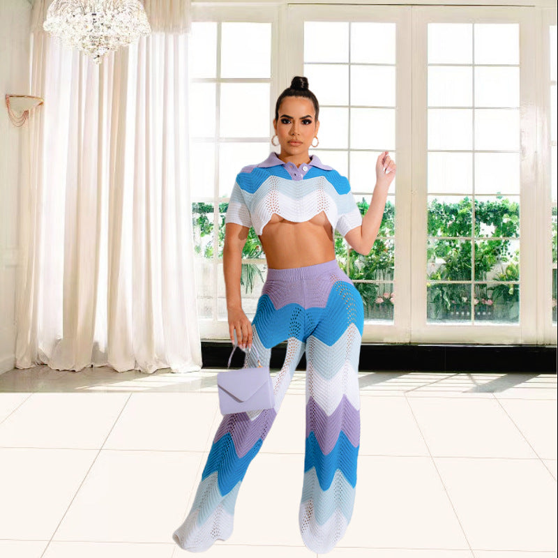 Damen Set aus gehäkeltem Crop-Top und weitem Palazzo-Hosen Drune