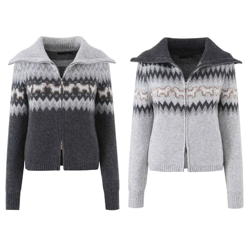 Damen Gestrickte Zip-Cardigan mit Norwegermuster und extra breitem Umlegekragen Drune