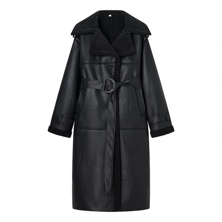 Damen Oversize Lammfellmantel mit Gürtel und Teddyfutter Drune