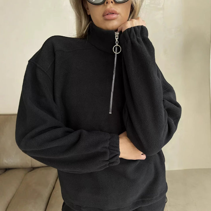 Damen lässiges Fleece-Jogginganzug Set mit Stehkragen und halbhohem Reißverschluss Drune