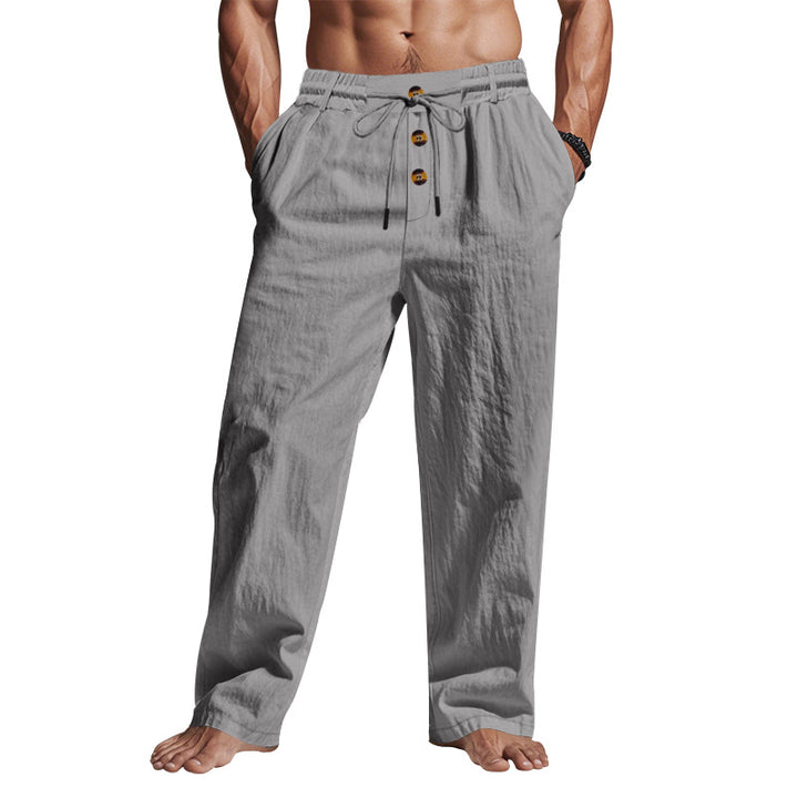 Herren nan lockere Leinen-Relaxhose mit elastischem Tunnelzugbund, Kordelzug und dekorativer Knopfleiste Drune