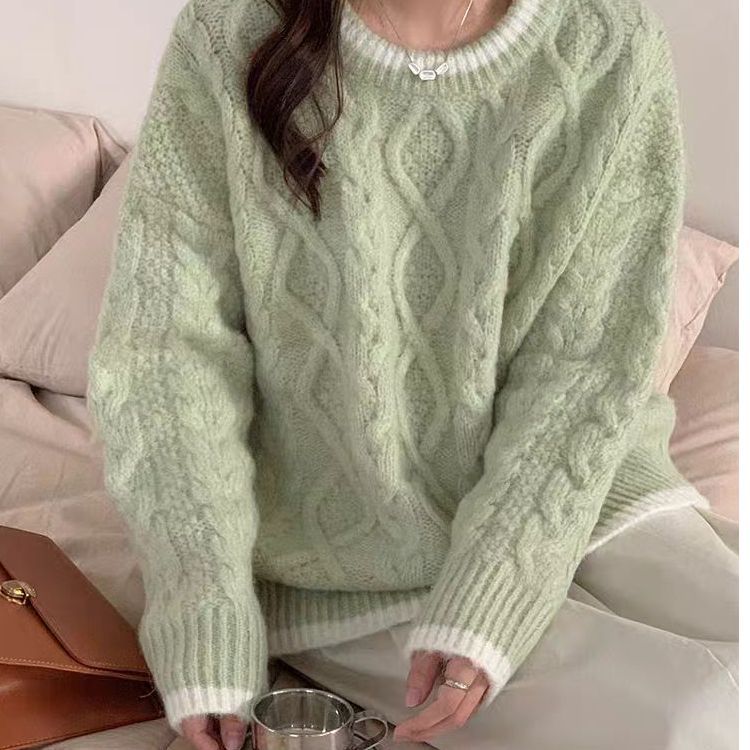 Damen Grobstrickpullover mit Zopfmuster und kontrastierendem Halsabschluss Drune