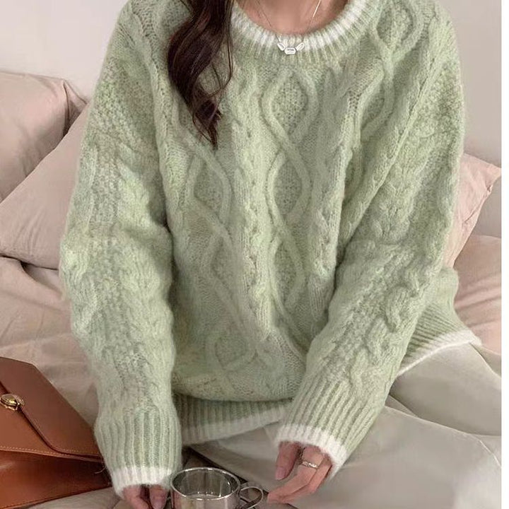 Damen Grobstrickpullover mit Zopfmuster und kontrastierendem Halsabschluss Drune