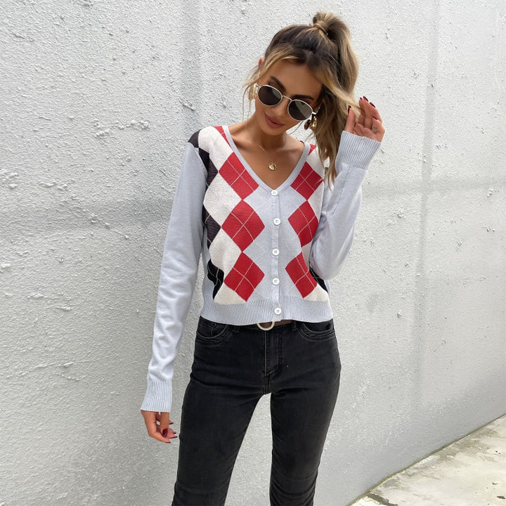 Damen Leichter Kurzcardigan mit Rautenmuster, V-Ausschnitt und Knopfleiste Drune