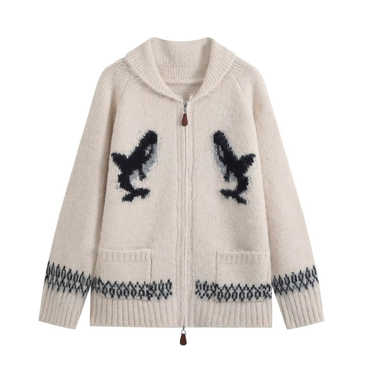 Damen Grobgestrickter Zip-Cardigan mit Schalkragen und Intarsia-Motiv Drune