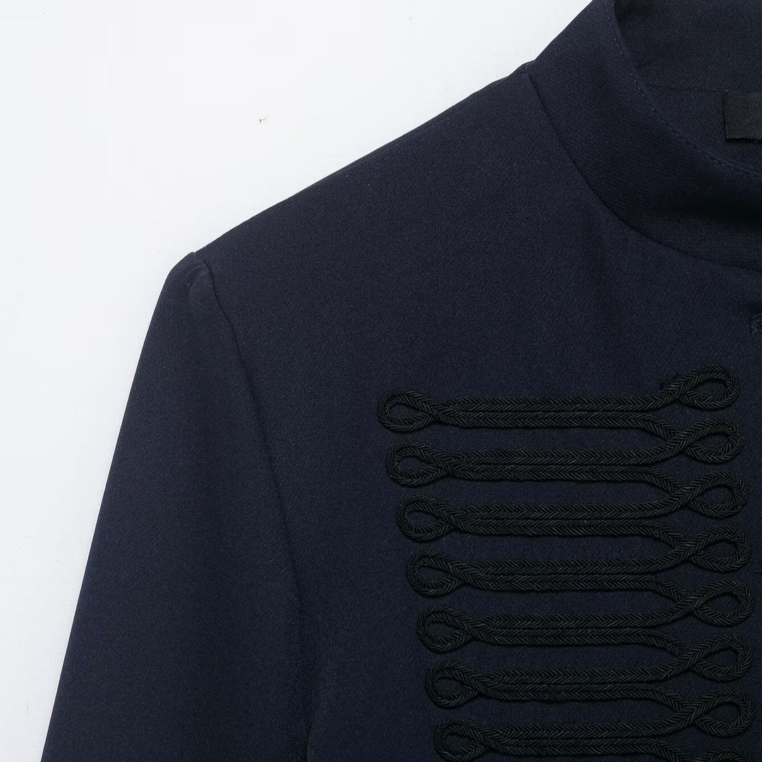 Damen Kurze Military Jacke mit Stehkragen, Zierkordeln und Metallknopfleiste Drune