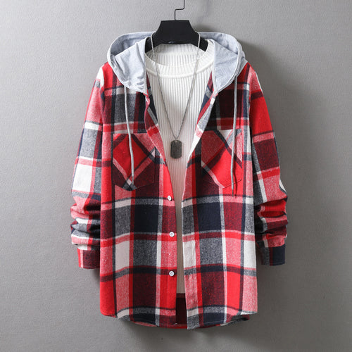 Herren lässige Flanell-Hemdjacke mit Kapuze und grafischem Karomuster Drune