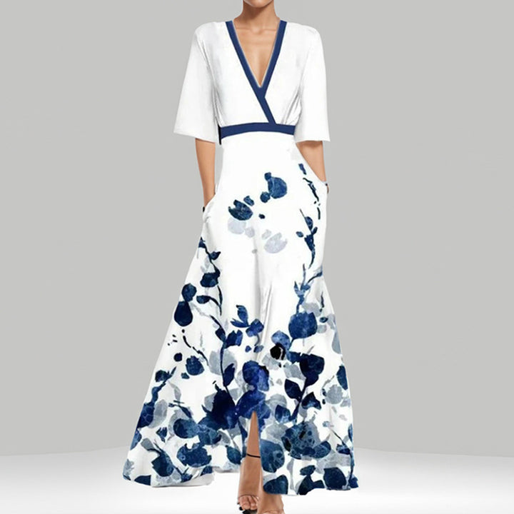 Damen Fließendes Maxikleid mit Tailliertem Wickel-Einsatz, Ausgestelltem Rock und Abstraktem Farbprint Drune