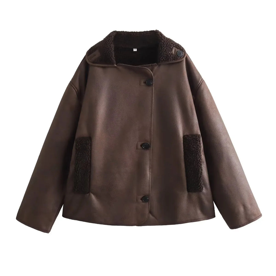 Damen nan kurze Lammfelloptik Jacke im Boxy-Schnitt mit Teddyfutter und aufgesetzten Taschen Drune