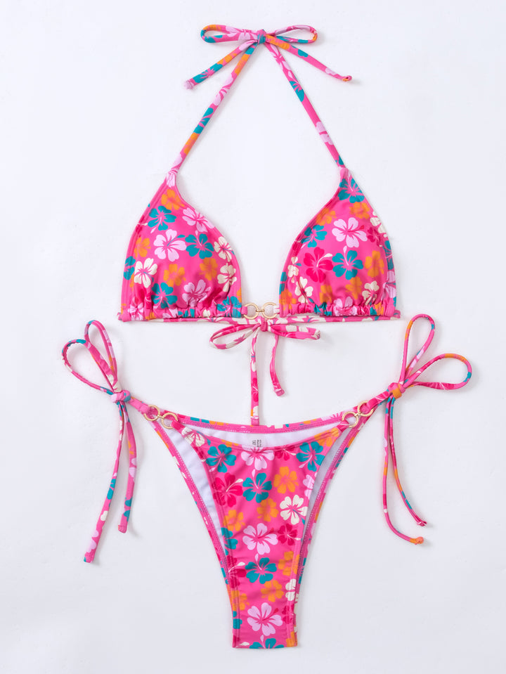 Damen Triangel-Bikini mit floralem Print und verstellbaren Schnüren Drune