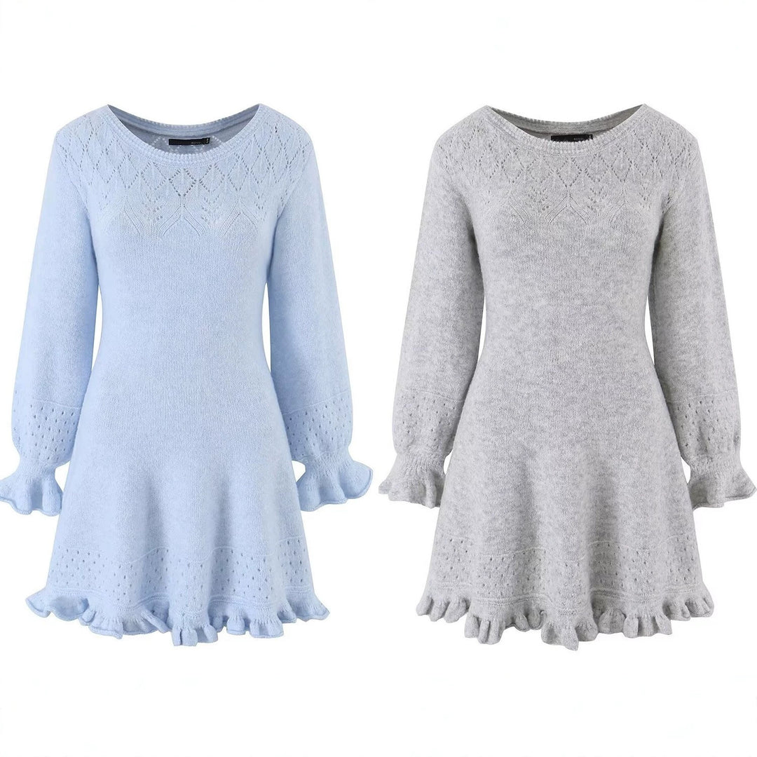 Damen Gestricktes A‑Linien Kleid mit Rüschenbündchen und Lochmuster Drune