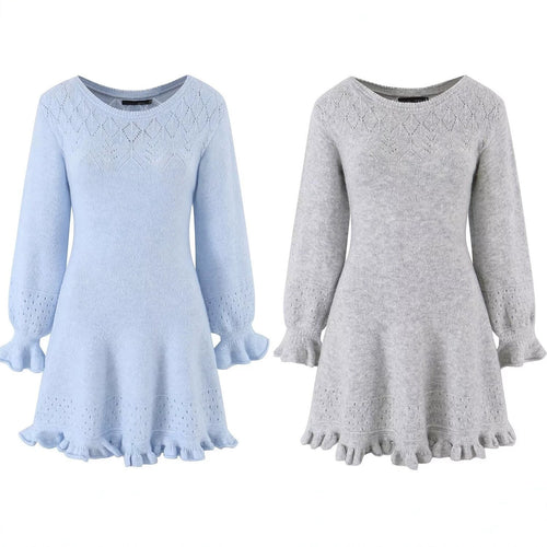 Damen Gestricktes A‑Linien Kleid mit Rüschenbündchen und Lochmuster Drune