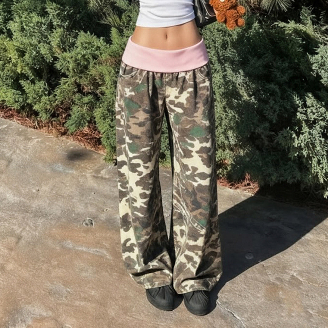 Damen nan weite Lounge-Hose mit Umschlagbund, Camouflage‑Muster und elastischem Komfortstretch Drune