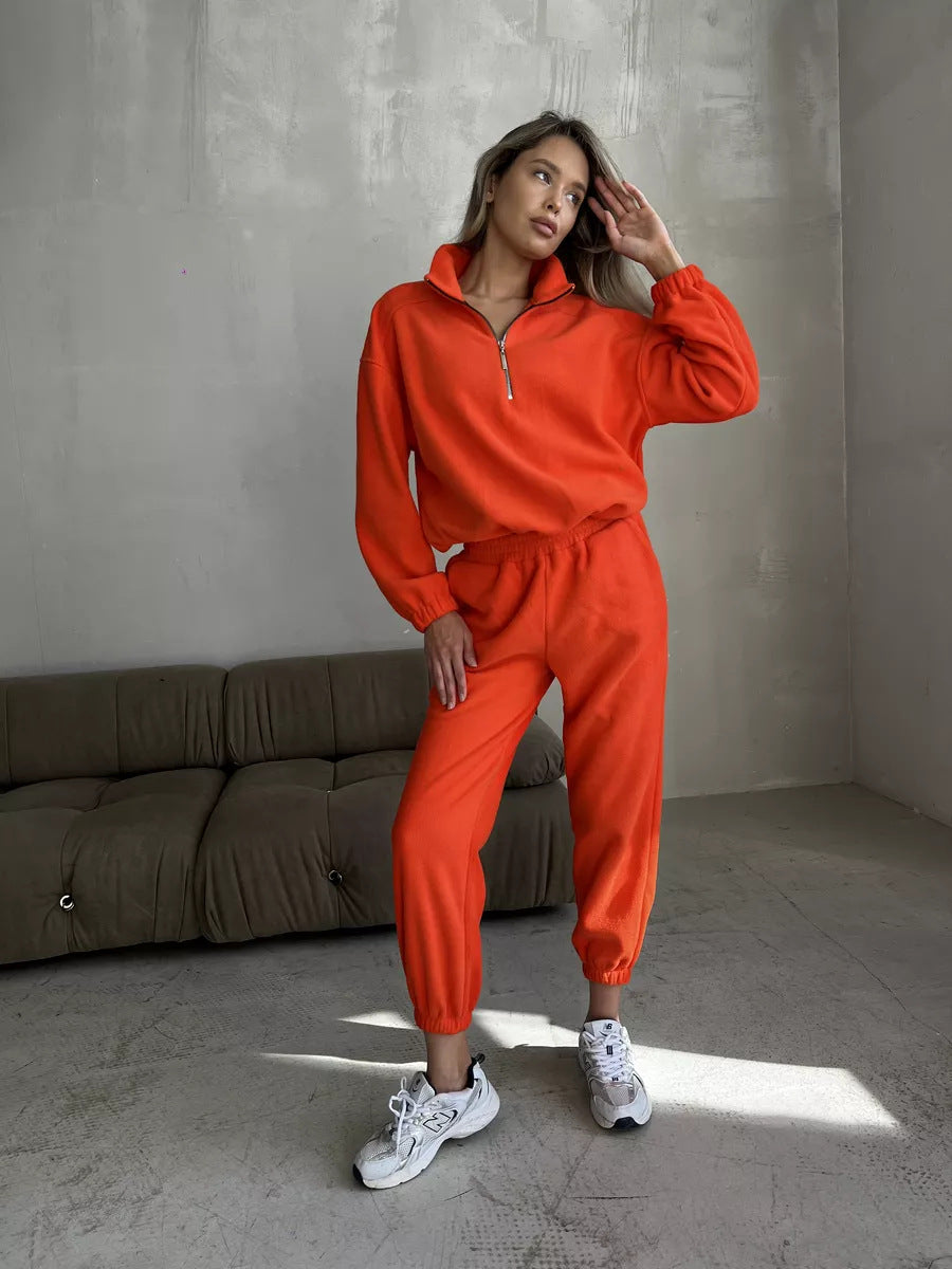 Damen lässiges Fleece-Jogginganzug Set mit Stehkragen und halbhohem Reißverschluss Drune