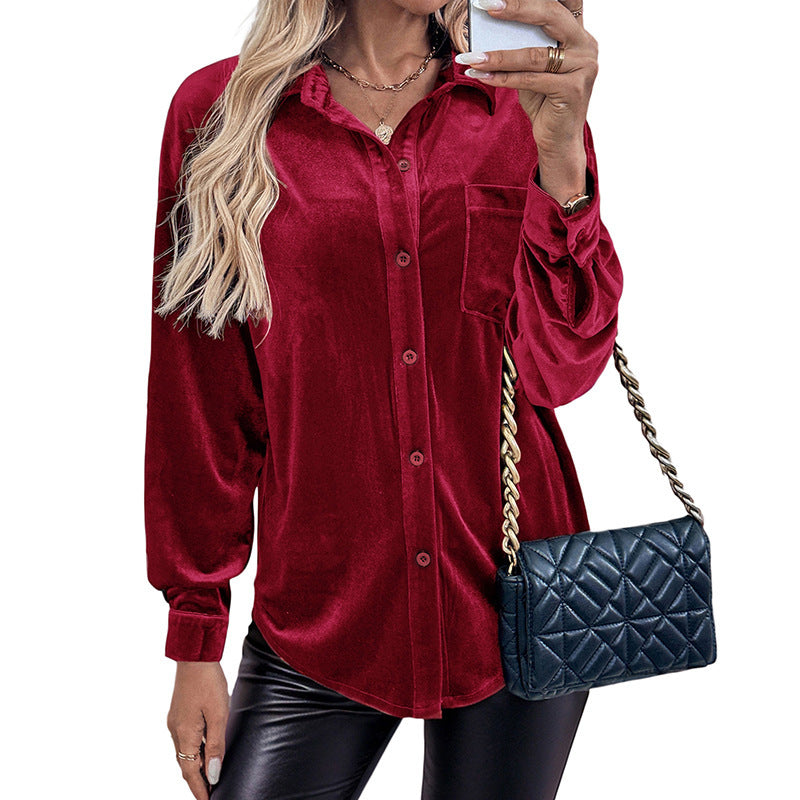 Damen Elegante Veloursbluse mit Brusttasche Drune