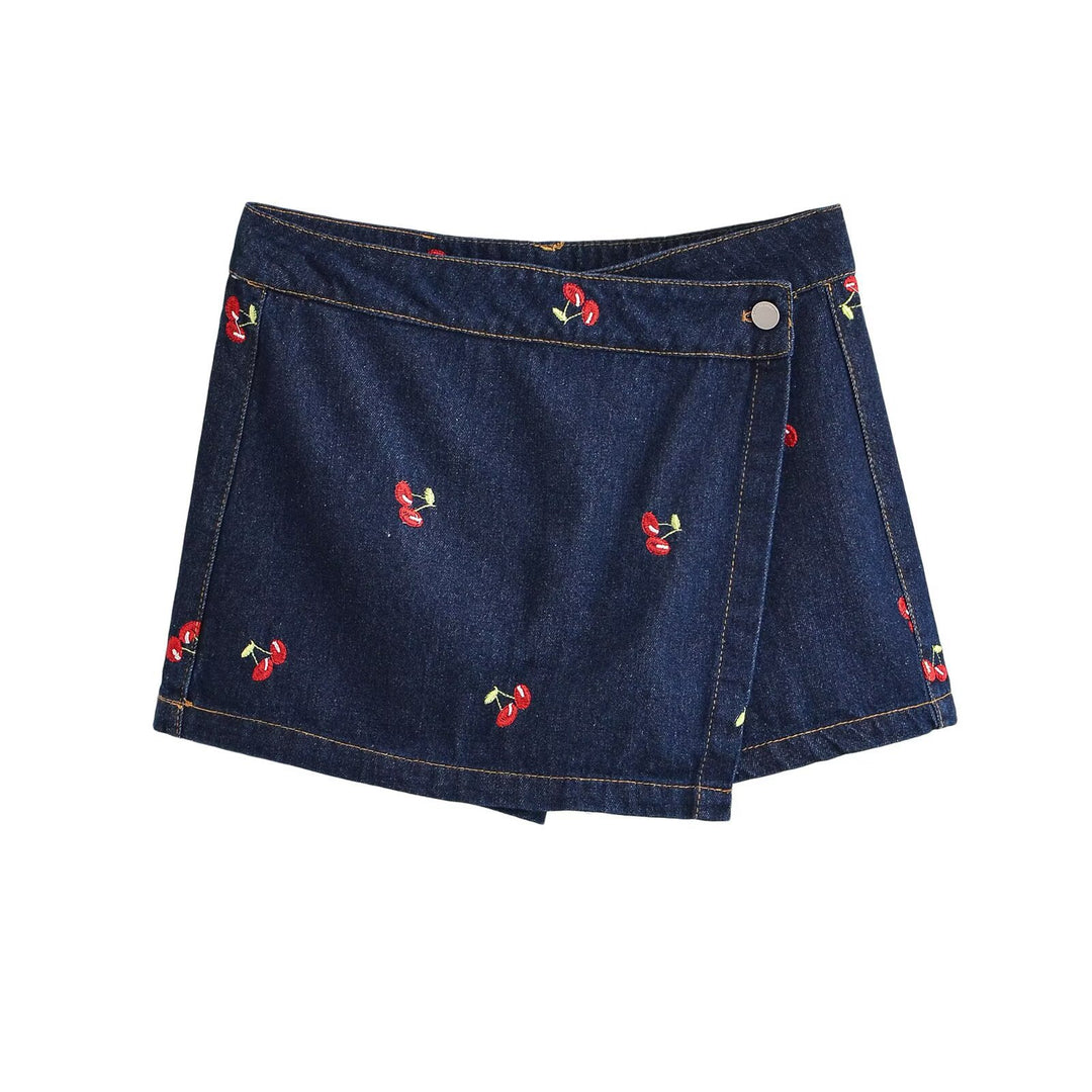 Damen Jeansrock mit verspielter Kirschstickerei und dekorativem Schnitt Drune
