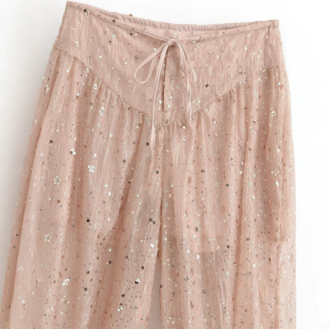 Damen locker geschnittene Pailletten-Hose mit Tunnelzug und Gummibündchen Drune