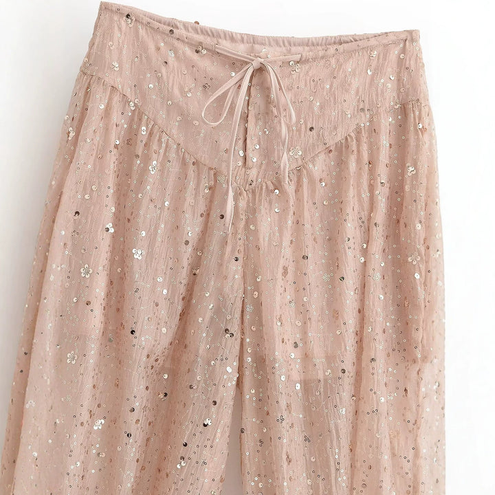 Damen locker geschnittene Pailletten-Hose mit Tunnelzug und Gummibündchen Drune