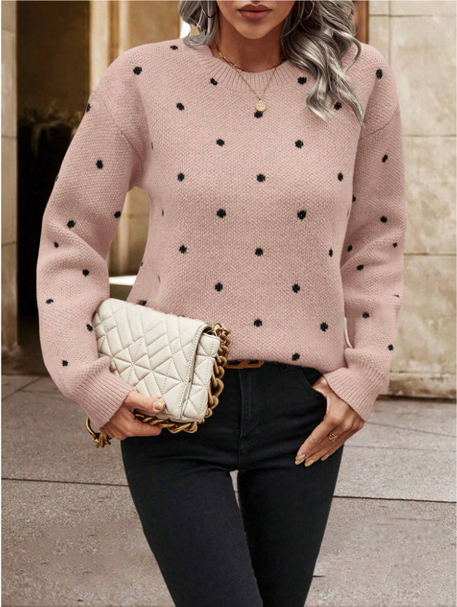 Damen lässiger Strickpullover mit modernem Pünktchenmuster und Rundhalsausschnitt Drune