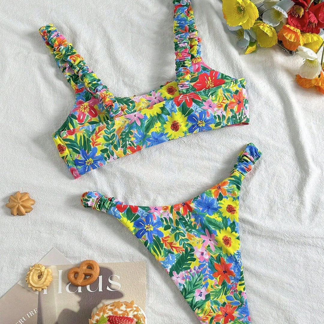 Damen Hauchdünner Floral-Bikini mit elastischen Rüschen Drune