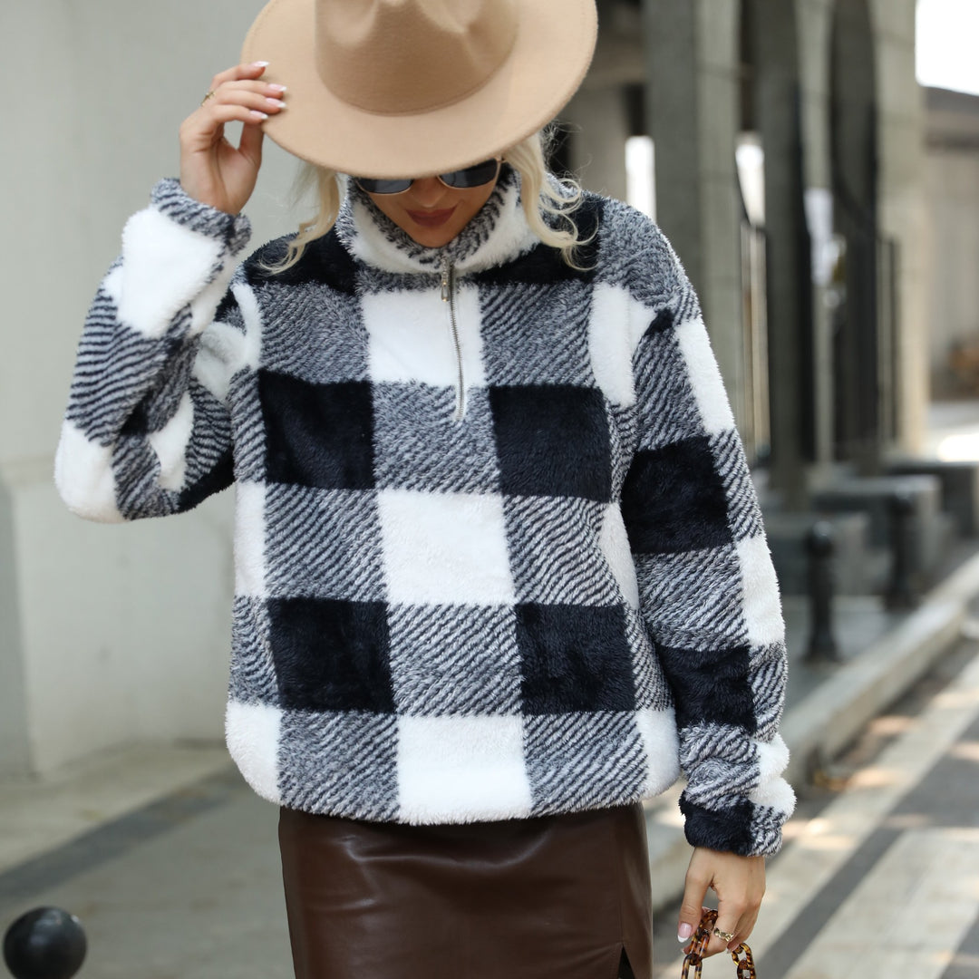 Damen Plüschpullover mit Karomuster und hohem Kragen Drune