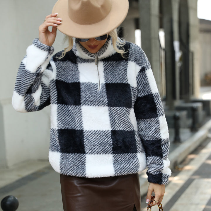 Damen Plüschpullover mit Karomuster und hohem Kragen Drune