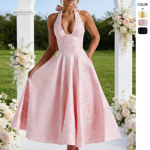 Damen Elegantes Halterneck-Midi-Kleid mit detaillierter Spitzenverarbeitung Drune