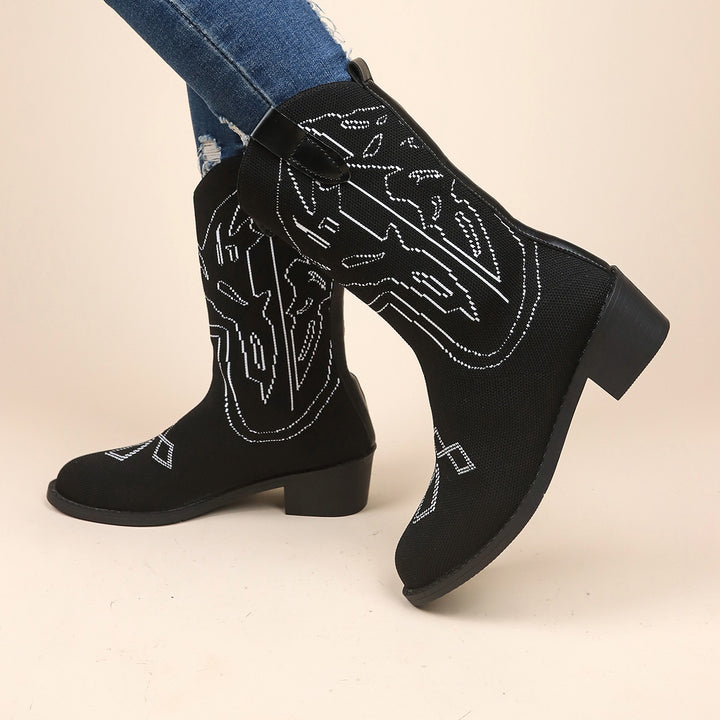 Damen Cowboy-Stiefel mit kunstvollem Stickdesign und robustem Absatz Drune