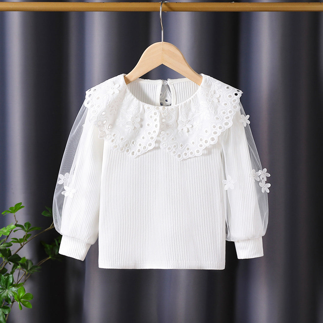 Mädchen Bluse mit voluminösen Tüllärmeln und aufwändigen Blumenstickereien Drune